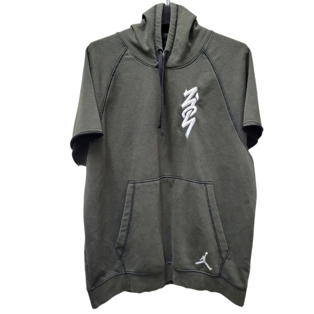 Nike Air Jordan Zion Short-Sleeve Hoodie Dri-FIT Olive Men Sweatshirt Size Large